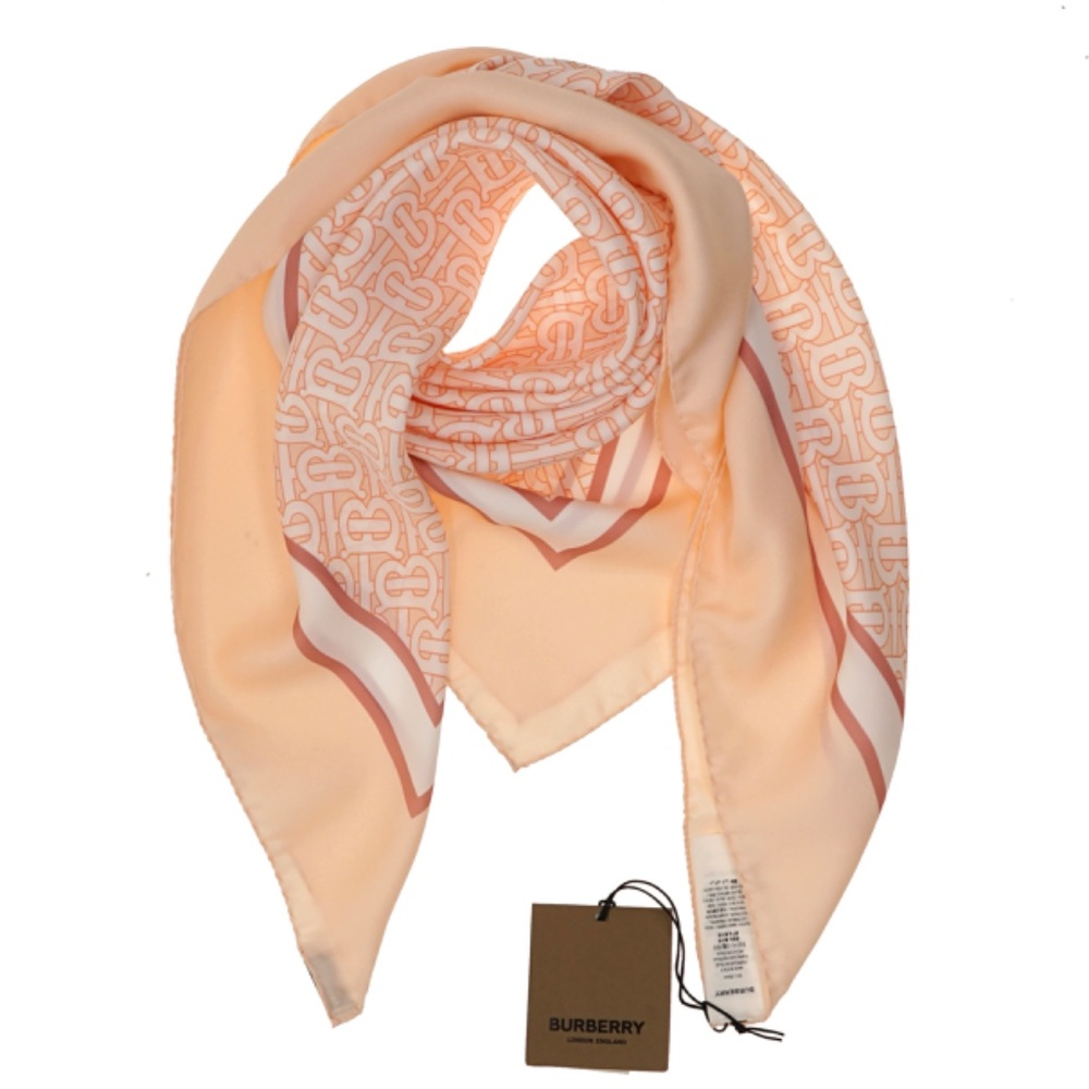 Burberry Silk Square Scarf Alabaster Pink Monogram Print New